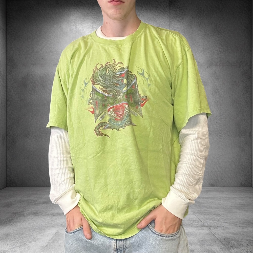 Vintage Y2K Rick Fairless Strokers Dallas Custom Choppers Graphic Tee Lime 2XL